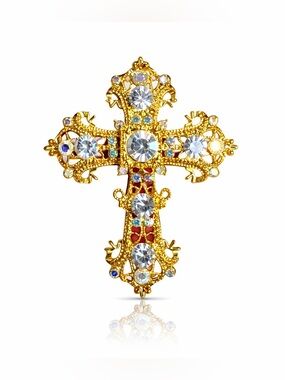 Gold-Tone Red Crystal Cross Pendant Brooch